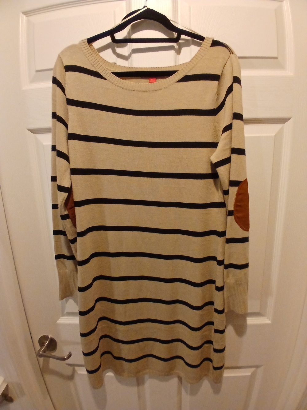 Striped Sweater Dress with Elbow Patches - Beige & Black